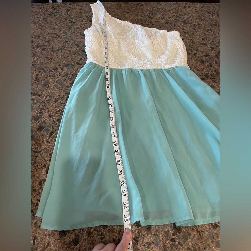 Sage and white one shoulder dress.  Worn once